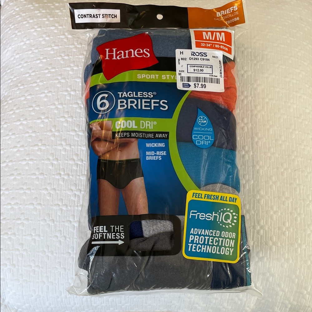 Hanes Men's Size Medium Tagless Mid-Rise Briefs Sport Style Cool Dri